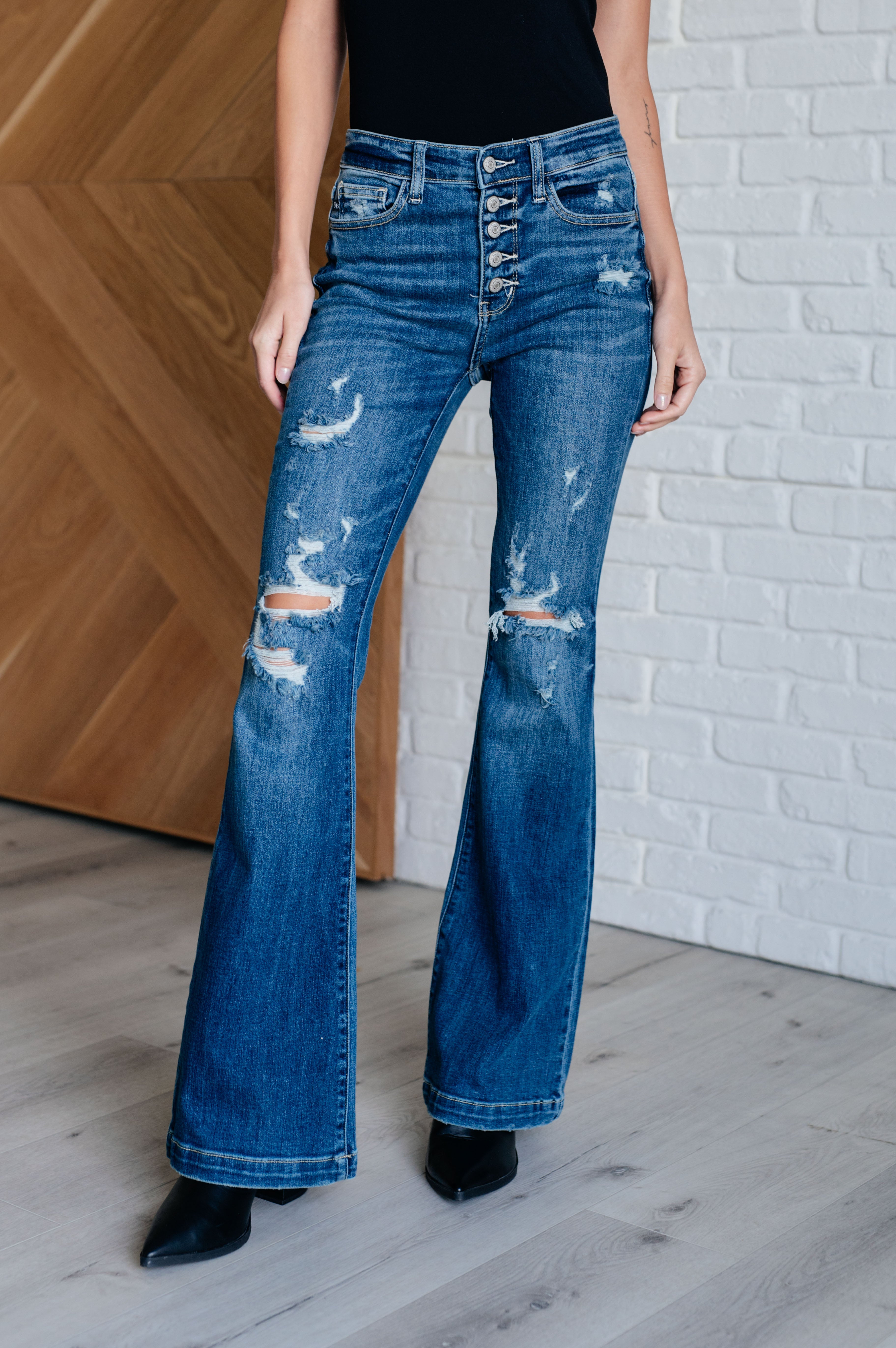 Mid Rise Distressed Button Fly Flare Jeans Judy Blue