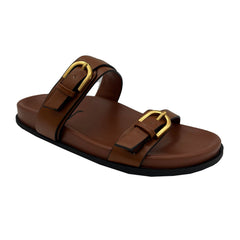 Double Buckle Flat Sandals in Tan Not Rated