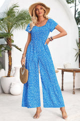 Square Neck Ruched Dot Print Wide Leg Jumpsuit Simmer & Fay