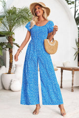 Square Neck Ruched Dot Print Wide Leg Jumpsuit Simmer & Fay