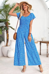 Square Neck Ruched Dot Print Wide Leg Jumpsuit Simmer & Fay