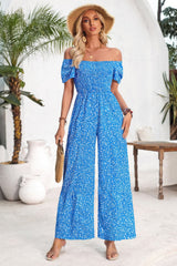 Square Neck Ruched Dot Print Wide Leg Jumpsuit Simmer & Fay