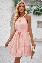 Solid Halter Neck Sleeveless Waist Tie Ruffle Dress Simmer & Fay