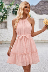 Solid Halter Neck Sleeveless Waist Tie Ruffle Dress Simmer & Fay