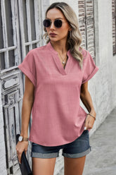 V Neck Solid Short Bat Sleeve Loose Fit Blouse Simmer & Fay Pink S