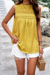 Crew Neck Swiss Dot Smocked Ruffled Loose Blouse Simmer & Fay Yellow S