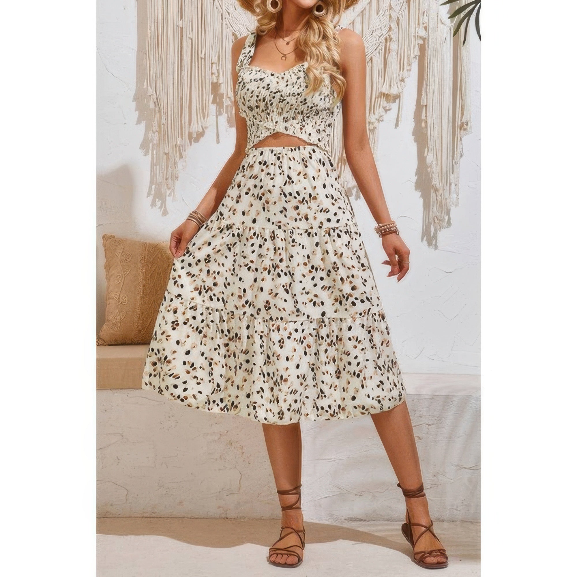 Square Neck Leopard Cut Out Elastic Waist Dress Simmer & Fay