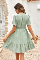 Swiss Dot Cutout Ruffle V Neck Puff Sleeve Dress Simmer & Fay