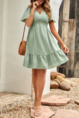 Swiss Dot Cutout Ruffle V Neck Puff Sleeve Dress Simmer & Fay