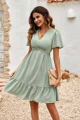 Swiss Dot Cutout Ruffle V Neck Puff Sleeve Dress Simmer & Fay