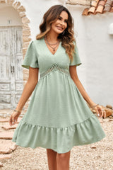 Swiss Dot Cutout Ruffle V Neck Puff Sleeve Dress Simmer & Fay Light Green S
