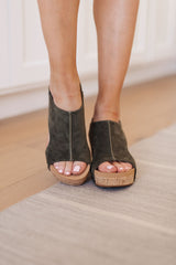 Walk This Way Wedge Sandals in Olive Suede Corkys
