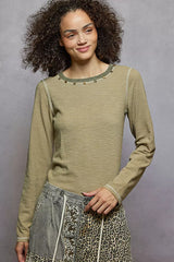 Round Neck Long Sleeve Contrast Stitching T-Shirt with Stud Detail POL OLIVE S