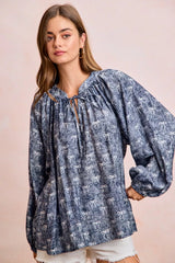 Ribbon Bow Print Exaggerated Balloon Sleeves Top BiBi