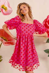 Polka Dot Mesh Puff Sleeve Dress BiBi