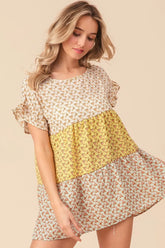 Floral Printed Woven Color Block and Tiered Top BiBi LT YELLOW/LT SAGE S