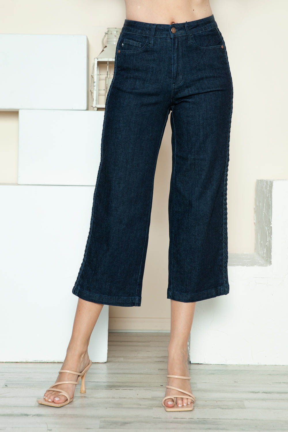 Side Seam Braid Detail Crop Wide Leg Jeans Judy Blue Dark 0/24