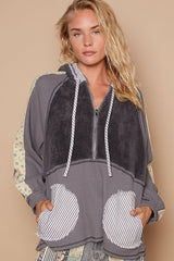 Half Zip Up Fleece Mix Back Star Patch Hoodie POL