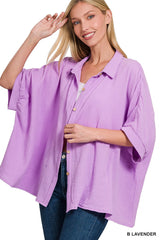 Zenana Double Gauze 3/4 Sleeve Button Up Shirt Trendsi