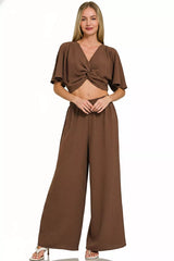 Woven Airflow Twisted Top & Wide Leg Pants Set ZENANA