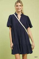 Linen Tiered Babydoll Dress with Scalloped Sleeves Umgee NAVY S