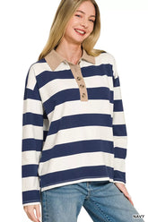 Striped Contrast Collar Polo Tee ZENANA NAVY S