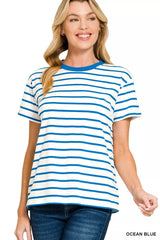 Striped Round Neck Short Sleeve T-Shirt ZENANA OCEAN BLUE S