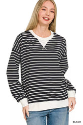 Contrast Striped Round Neck Sweatshirt ZENANA BLACK S