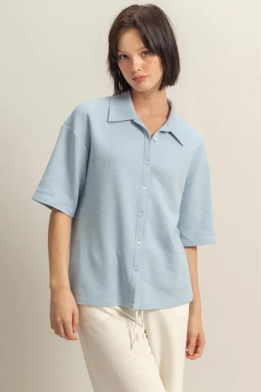 Collared Neck Button Down Waffle Shirt HYFVE ICE BLUE S