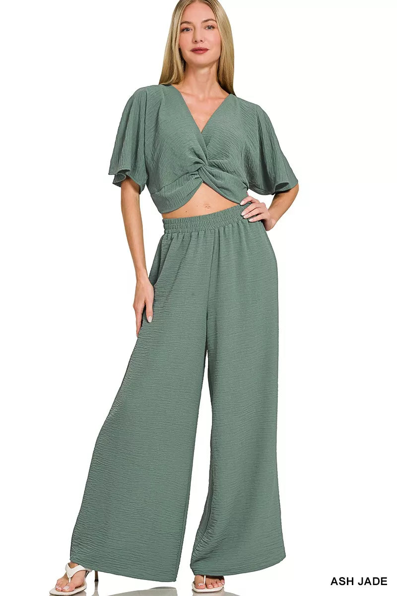 Woven Airflow Twisted Top & Wide Leg Pants Set ZENANA ASH JADE S