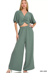 Woven Airflow Twisted Top & Wide Leg Pants Set ZENANA ASH JADE S