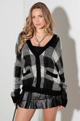 V-Neck Checkered Cardigan with Pockets Mustard Seed Black White S