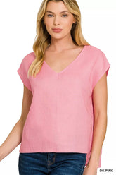 Linen V-Neck Sleeveless Top ZENANA DK PINK S