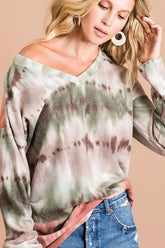 Brushed Tie Dye Looking Print V Neck Top BiBi