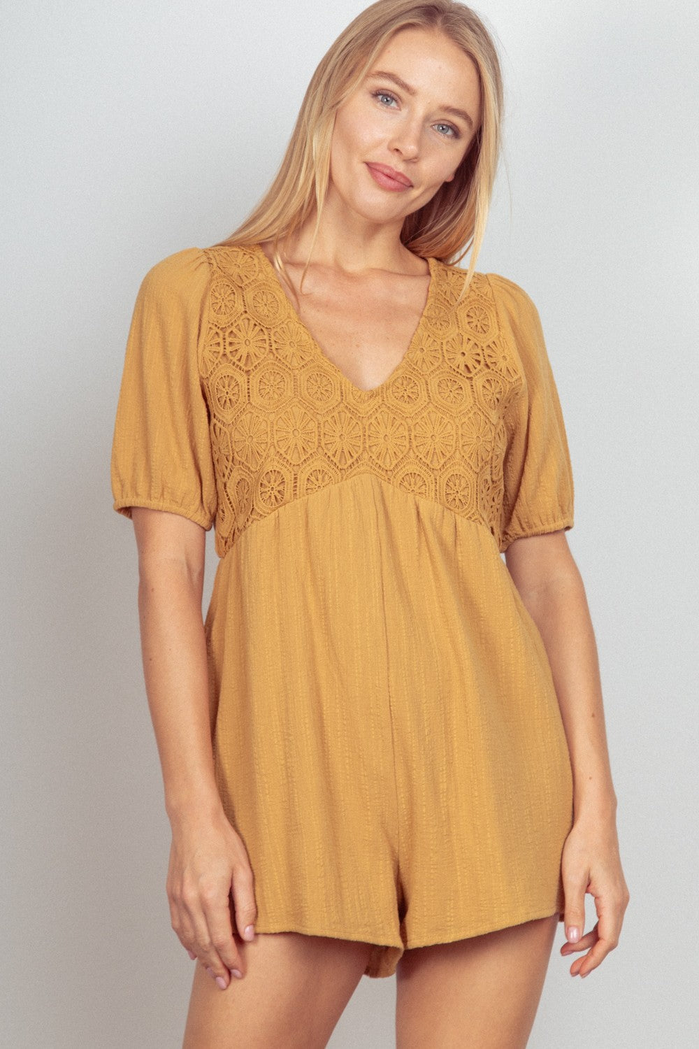 Puff Sleeve Lace Detail Romper with Pockets Very J Camel S