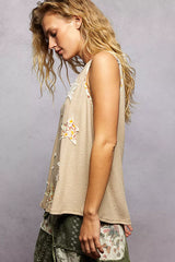 Washed Ribbed V-Neck Tank with Floral Print Star Patch POL