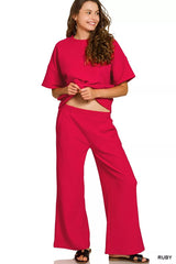 Ribbed Round Neck Tee & Pants Set ZENANA