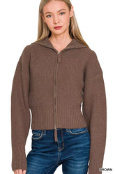 Ribbed Collared Zip Up Sweater Cardigan ZENANA BROWN S