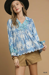 Ruffled Paisley Printed Long Sleeve Blouse Umgee Blue S