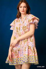 Floral Ruffle-Sleeve Tunic Dress Umgee CORAL MIX S