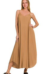 Woven Arc Hem Cami Dress With Flowy Pockets ZENANA DEEP CAMEL S