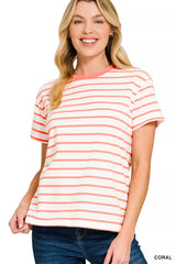 Striped Round Neck Short Sleeve T-Shirt ZENANA