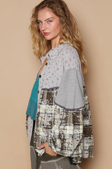 Balloon Sleeve Floral Color Block Plaid Shirt POL
