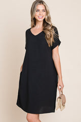 V-Neck Short Sleeve Dress with Pockets BomBom