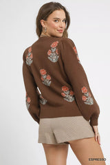 Floral Knit Sweater with Puff Sleeves Umgee