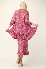 Floral Ruffled Top and Midi Skirt Set Celeste