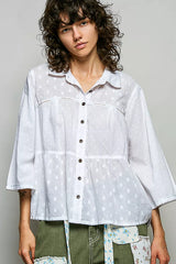 Simmer & Fay – POL tonal dot weave textured button front cotton shirt in white with relaxed boho fit