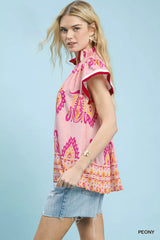 Border Print Split-Neck Boho Top Umgee