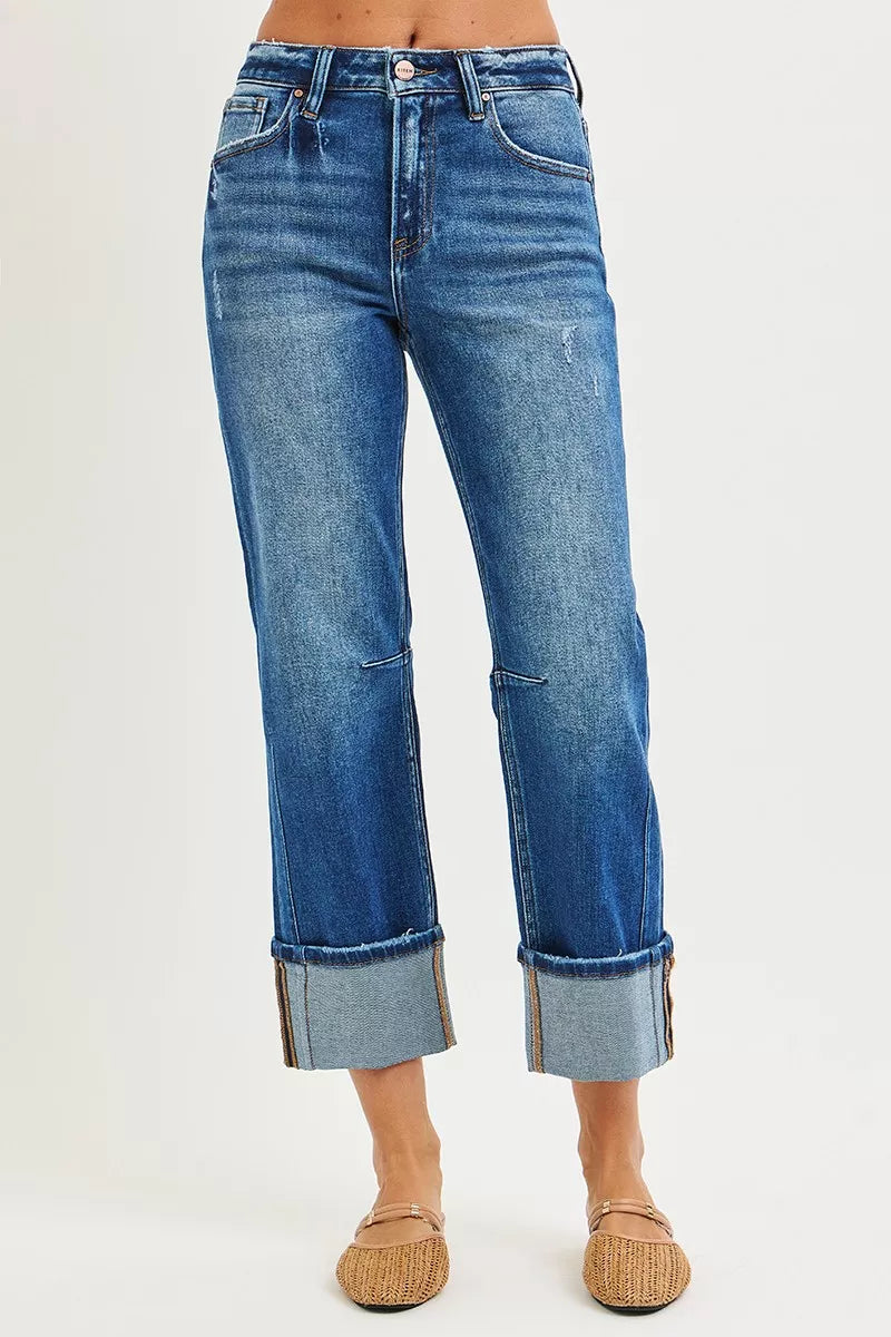 High Rise Straight Jeans with Distressed Hem Risen DARK 0