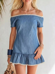 Lace Detail Off Shoulder Mini Dress Simmer & Fay Blue S
